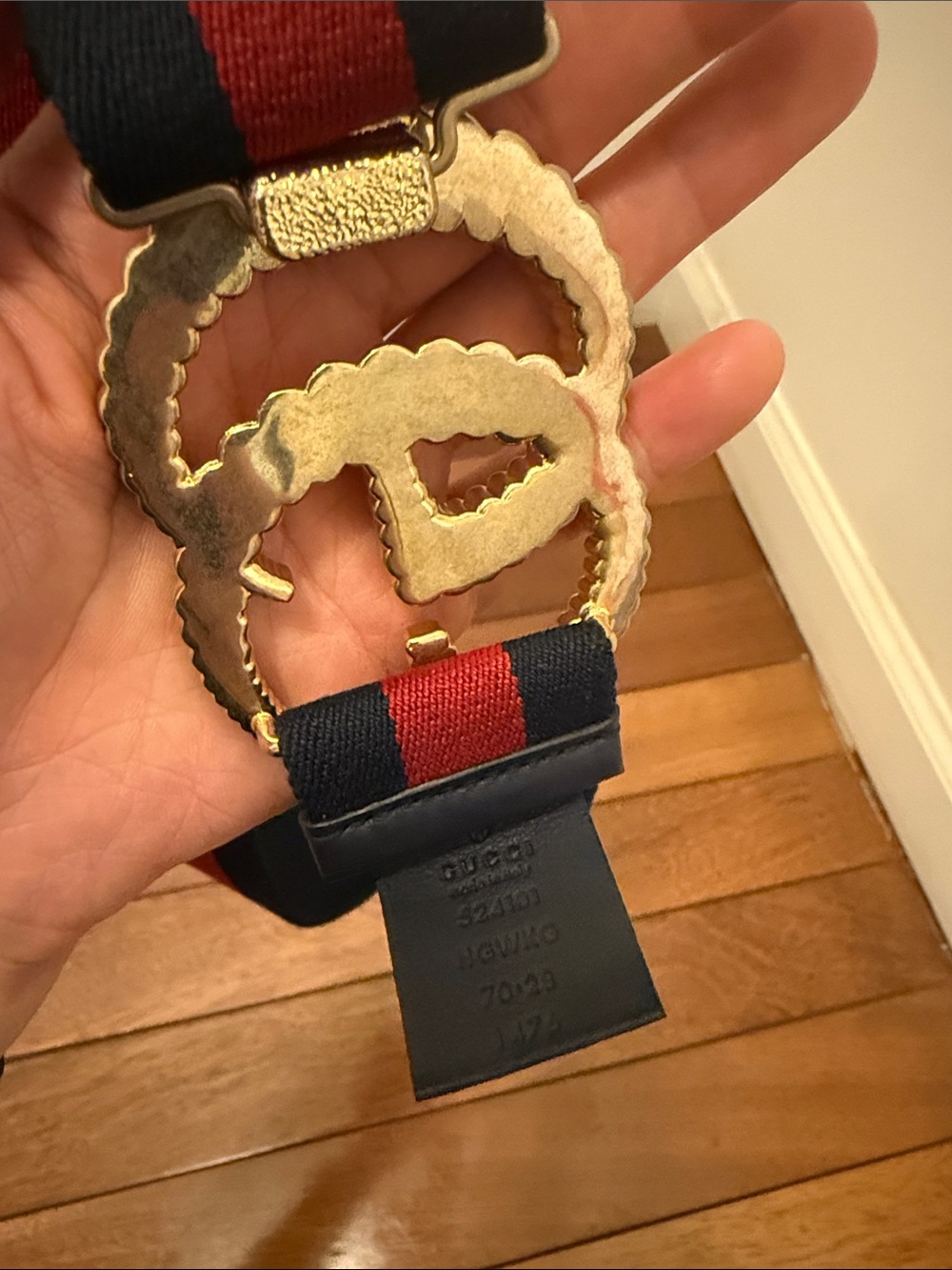 Gucci Navy and Red Elastic Belt with Gold Double G Buckle - Picture 5 of 7